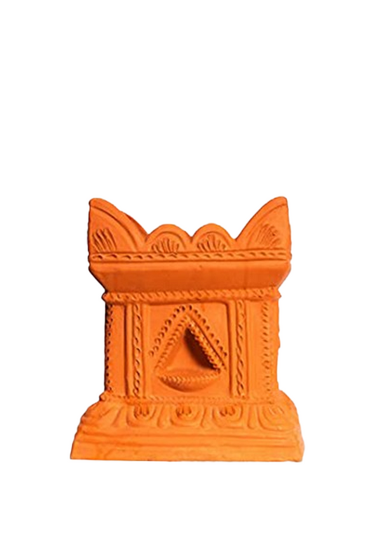 Terracotta Tulsi Pot with traditional Tulsi Vrindavan design on a white background. Ideal for pooja rooms, home temples, and Vastu-friendly spaces.