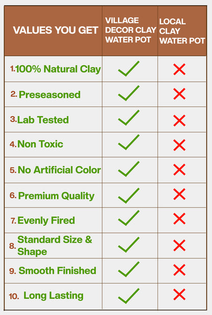 Comparison chart of values between Village Decor Clay Water Pot and Local Clay Water Pot
