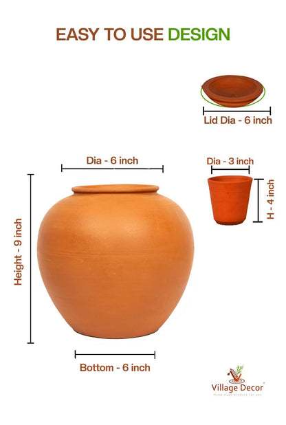 Clay water pot showin the detailed dimension of pot, glass and lid.