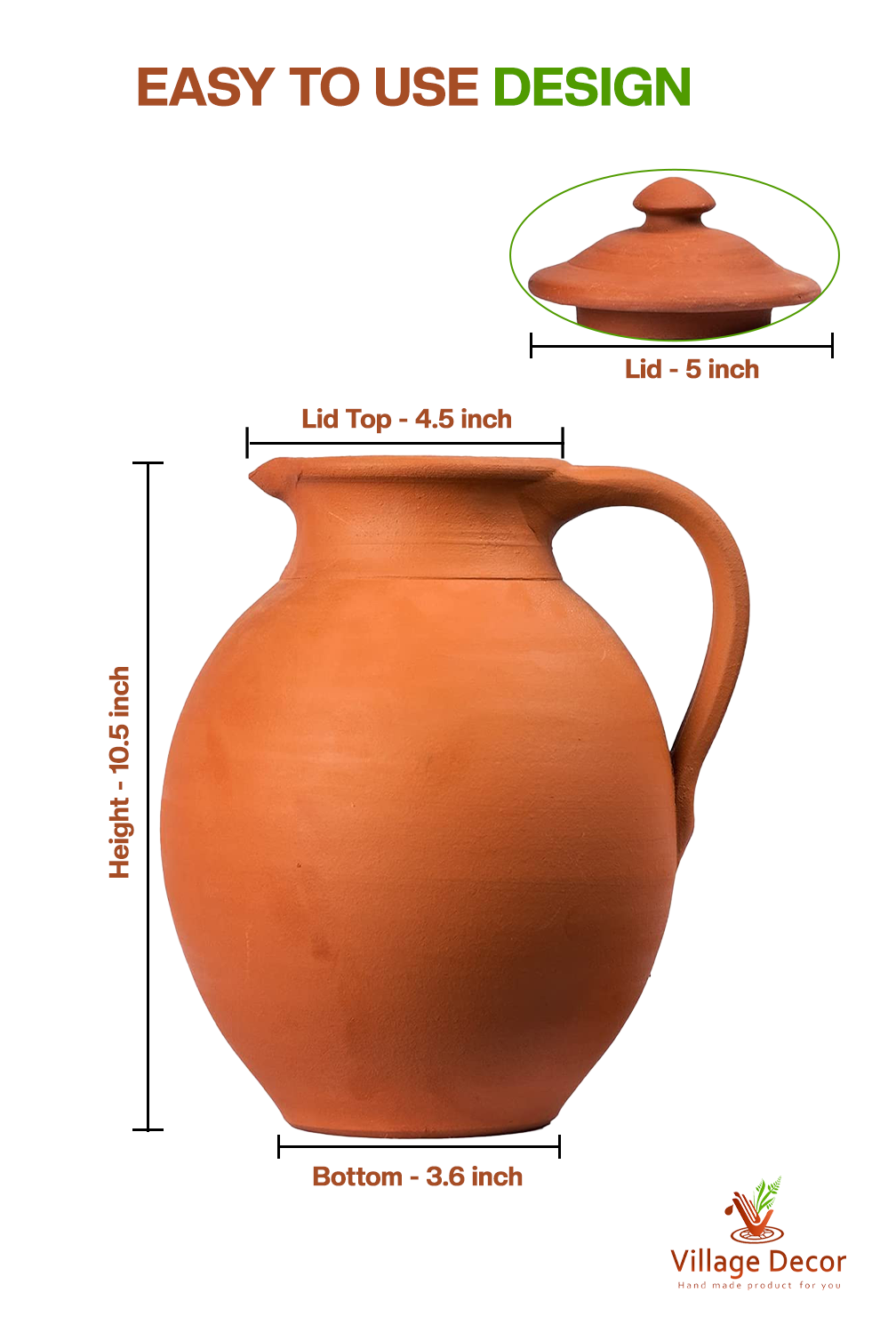 Detailed dimensions of Clay Water Jug  showing Pot and Lid measurements.