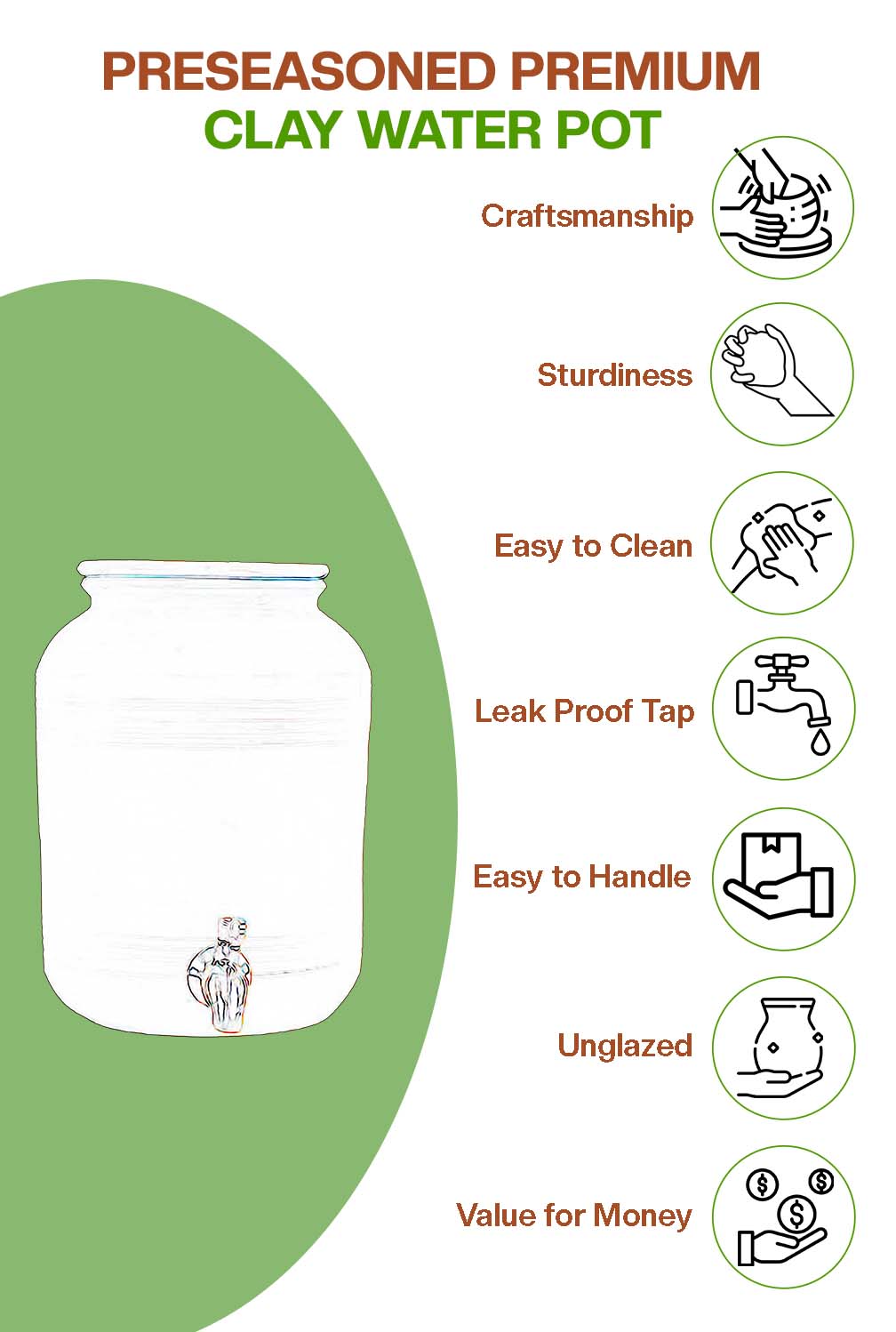 Preseasoned clay water Pot highlighting craftsmanship, sturdiness, easy cleaning, unglazed design, and value for money.
