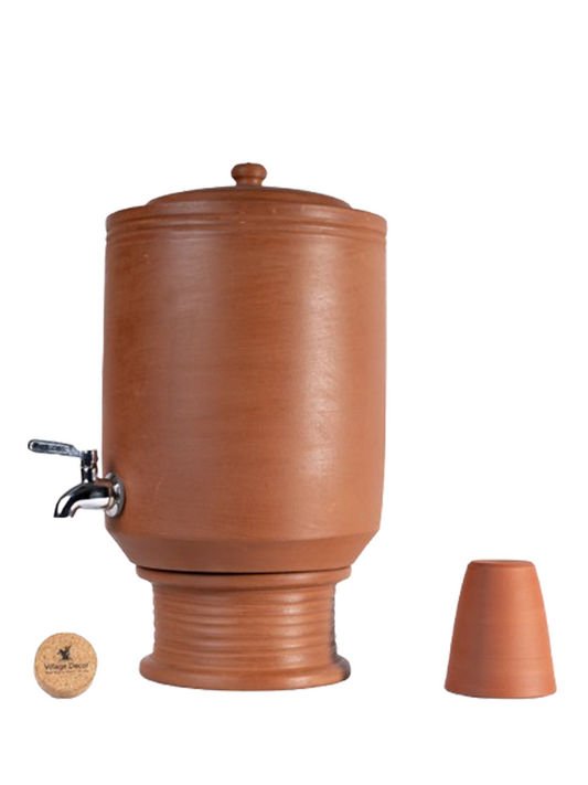 Clay water Pot with lid & Glass in matka style, handcrafted by Village Decor on white background.
