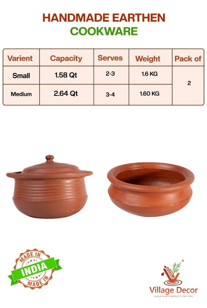 Handmade earthen clay cookware combo with 1.58 Qt and 2.5 Qt pots. Perfect for traditional cooking, gas stove safe, and made from natural earthen clay.
