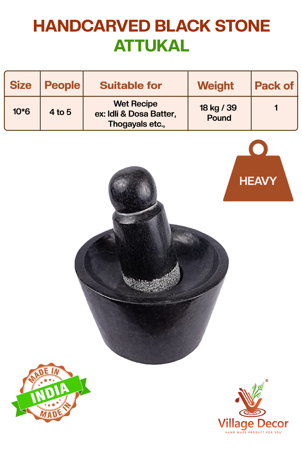Handcarved Polished Attukal or Rubbu rolu with size, weight, and usage details – suitable for Grinding idli, vada batter etc.,
