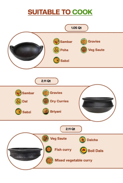 Black clay cookware combo in 1L and 2L sizes, suitable for cooking sambar, dal, biryani, fish curry, gravies, poha, and vegetable dishes.